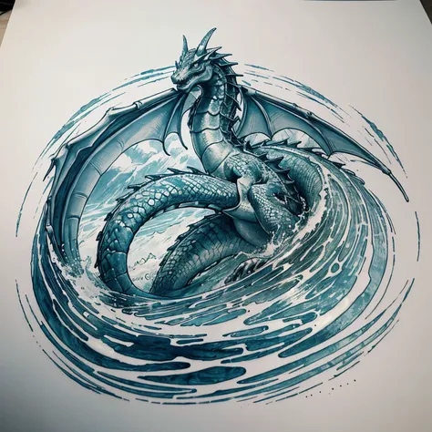 Large aquatic dragon S waves tattoo drawing