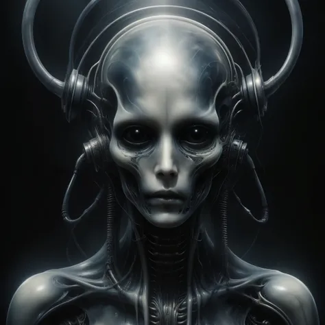 Introduce an eerie twist to the harmony, portraying a haunting scene where AI-generated music takes on a dark and unsettling tone. Draw inspiration from horror artist H.R. Giger for a surreal and chilling atmosphere.