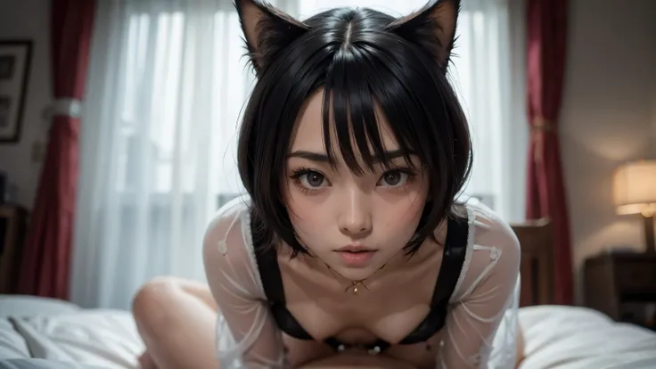 (8K, Raw photography, top-quality, ​masterpiece :1.3), (cute japanese girl in see through bodysuit, small black collar, cat ears, fear in her face :1.3), (beautiful detailed eyes, beautiful detailed lips, no lipstick, extremely detailed face, small hips :1...