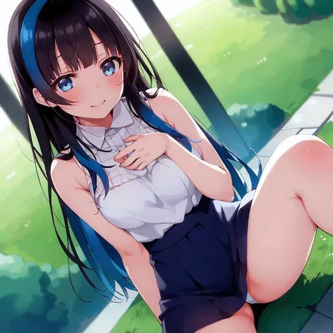 a matter of fact, daytime, sunlight, 1 girl, 8K resolution, blue hair, blue eyes, glowing eyes, white short skirt, Blush, tennis, sleeveless shirt, sunlight, Wet from the rain, seethrough, Sit with your knees raised., pussy, smile, the skirt is lifted up, ...