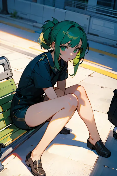 anime, woman, green hair, sitting on bench upright, isometric perspective, legs slightly to camera left, using right hand to play with hair, knees touching, 