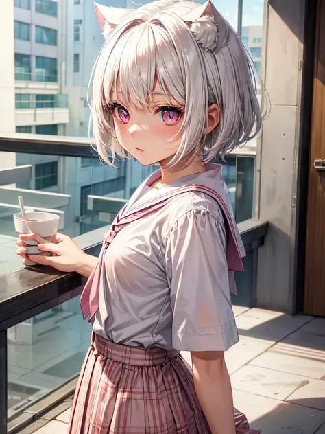 White hair. Short hair. 2-tone hair. anime girl. Pink eyes. Nekomimi. . Seifuku. At school. Study. 1girl.