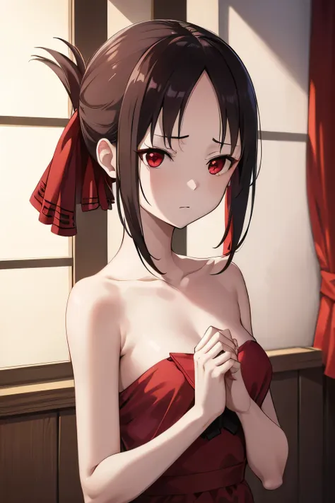 kaguyashinomiya, kaguya shinomiya, folded ponytail, amount, hair ribbon, (red eyes:1.5),short hair, side lock, (small breasts:1....