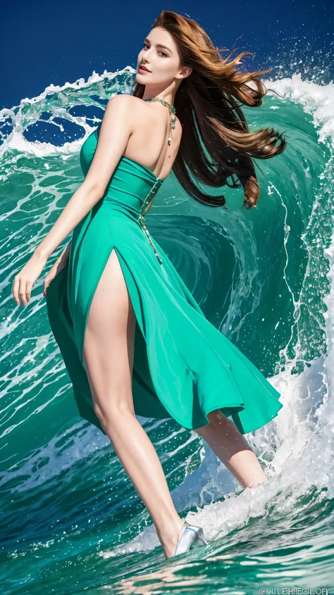 highest quality,masterpiece,Ultra-high resolution,(Actual:1.4),Original photo,Ultra-high resolution，8k，There are women，Fair skin，Exquisite makeup，Big waves，Blue-green dress with open neckline:1.2，High heels，Long legs，Bright and beautiful，Sexy Random Poses，...