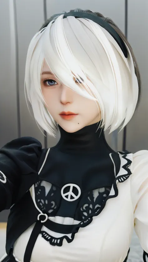 realのselfie、nier:beautiful cosplay of 2b from automata、2b takes a selfie、2bのコスプレをした女性のselfie、white skin、tall、great style、big bre...