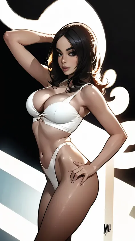 Anitta in comic book panel, bold lineart illustration comic, com visual Futurista, wearing a sexy white lingerie, big tits, big ass, NSFW, a weathered appearance creates an aura of survival and resilience. beleza de cair o queixo, rosto e corpo atraentes, ...