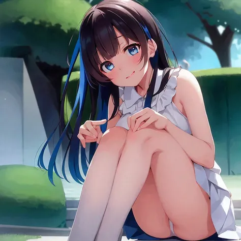 a matter of fact, daytime, sunlight, 1 girl, 8K resolution, blue hair, blue eyes, glowing eyes, white short skirt, Blush, tennis, sleeveless shirt, sunlight, Wet from the rain, seethrough, Sit with your knees raised., pussy, smile, the skirt is lifted up, ...