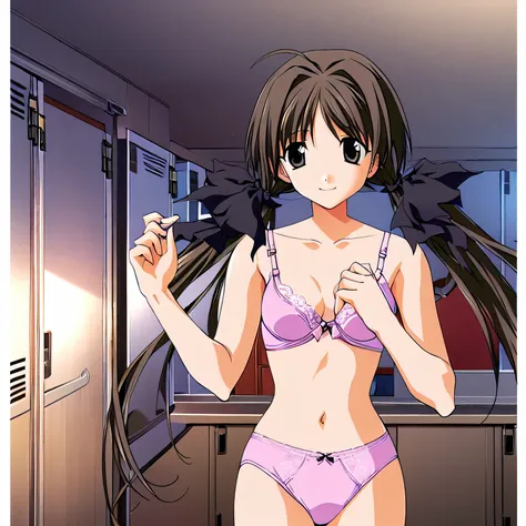 Shirakawa Firefly,(((woman１people))), Black Hair Ribbon,smile,locker room, Lace Underwear,Lace Bra, (masterpiece,highest quality:1.2)