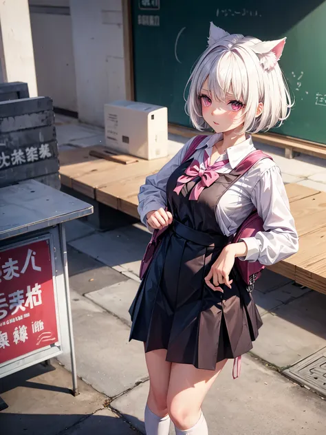 White hair. Short hair. 2-tone hair. anime girl. Pink eyes. Nekomimi. . Seifuku. At school. Study. 1girl.