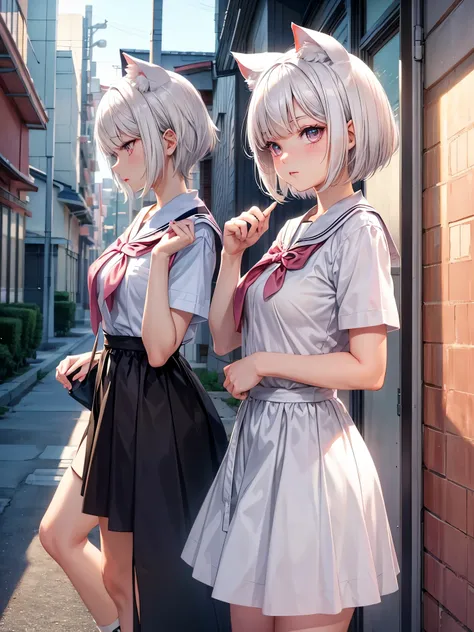 White hair. Short hair. 2-tone hair. anime girl. Pink eyes. Nekomimi. . Seifuku. At school. Study. 1girl.