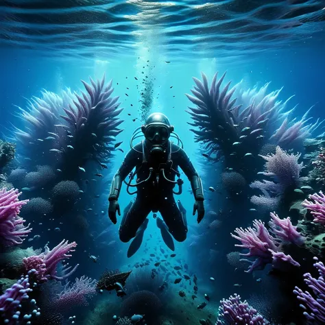 a beautiful photo was taken under the water of a light pink ocean on an unknown plane, an anthropoid humanoid alien diver dives ...