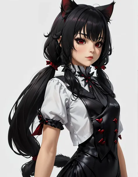 1 chica, solo, ,((long hair slightly wavy slightly past the shoulders, black bangs, small black pigtails on the sides, cute cat ears, beautiful thin red eyes,)),, Pupilas en forma de X, Arle Blanco_traje, parte superior del cuerpo, cara enfocada