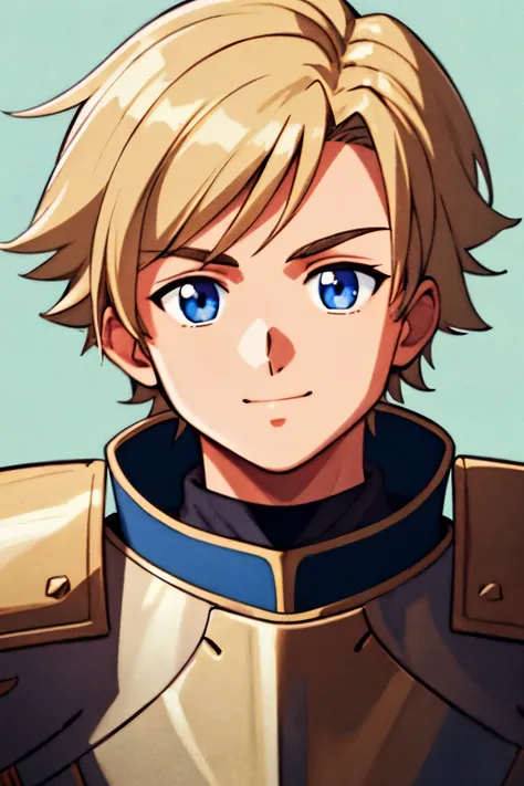 masterpiece, best quality, cel shaded, bright colors, 1boy, solo, male focus, young boy, short blonde hair, blue eyes, youthful smile, healthy complexion, muscular frame, knight armor, lightweight armor, medieval armor, looking at viewer, staring straight ...