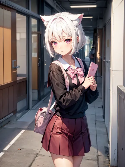 White hair. Short hair. 2-tone hair. anime girl. Pink eyes. Nekomimi. . Seifuku. At school. Study. 1girl.