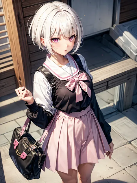 White hair. Short hair. 2-tone hair. anime girl. Pink eyes. Nekomimi. . Seifuku. At school. Study. 1girl.