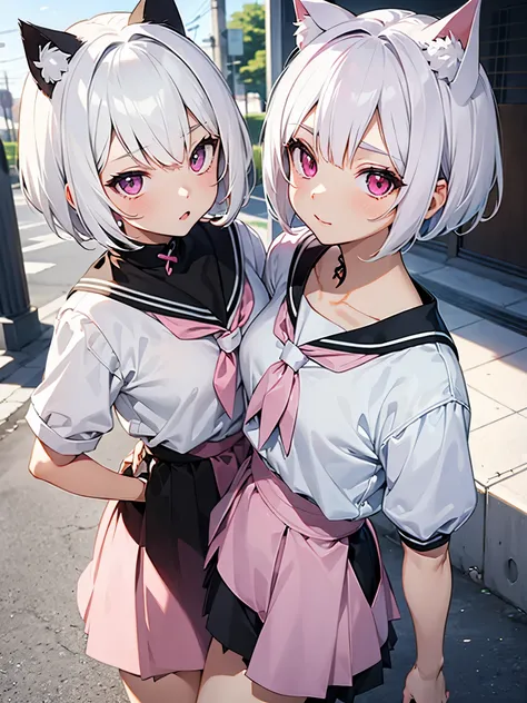 White hair. Short hair. 2-tone hair. anime girl. Pink eyes. Nekomimi. . 1girl. Catgirl. Seifuku