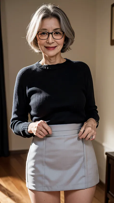 skirt lift,(Masterpiece:1.4),(60-year-old woman:1.4),(Wrinkles on the face1.24),smile,nude,gray hair,square glasses,(panchira,miniskirt,skirt lift:1.4),red sweater