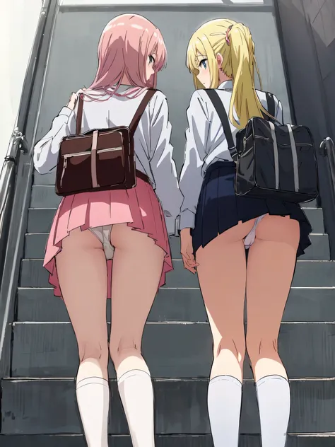 (Masterpiece:1.2), (high quality), (pixiv:1.4), (anime:1.4),(Best quality),(artwork created with color sketch, similar to watercolor painting) ,run up the stairs in school campus, (angle from back below), (crop-top:0.5), , long sleeve, micro skirt, mini sk...