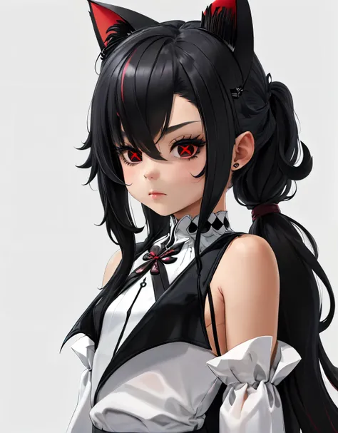 1 chica, solo, ,((long hair slightly wavy slightly past the shoulders, black bangs, small black pigtails on the sides, cute cat ears, beautiful thin red eyes,)),, Pupilas en forma de X, Arle Blanco_traje, parte superior del cuerpo, cara enfocada