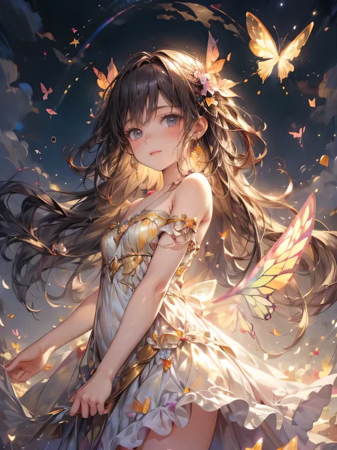 masterpiece, highest quality, 8k, highres, beautiful highest details, soft sunlight, butterfly spirit girl, in flower garden, ye...