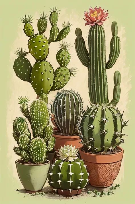 a drawing of a group of cactus plants in pots, cacti, lush green cactus, cactus, patchy cactus, robotic cactus design, cacti everywhere, with cactus plants in the room, anthropomorphic cactus, saguaro cacti, made of cactus spines, cactus and flowers, cactu...