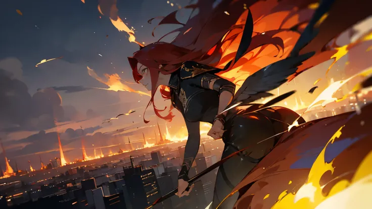 1 beautiful woman with long red hair, rockstar clothes, burning skies and a large phoenix flying in the sky, city in ruins in the background, lighting coming from the flames, very high resolution, very high definition, dynamic composition, intricate detail...