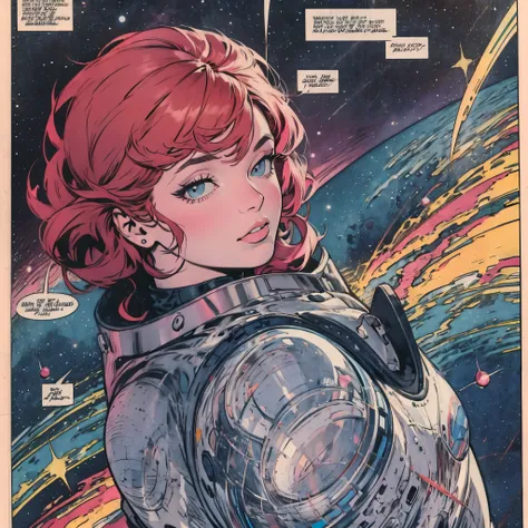 ultimate best quality,beautiful woman,speech bubble,big brest,galaxy,60s,70s,80s,colorful,cosmo,space,