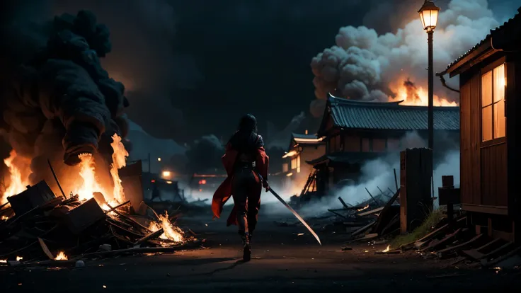 Imagine a woman with long black hair in a single strand, a ninja in a black-red ninja suit in the back, staring at a Japanese castle burning in industrial fire. She is wounded in battle, her clothes torn and stained.
In her hand she holds a Japanese sword ...