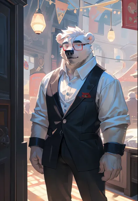 Furry Art，((Polar Bear))，(((wear glasses)))，((white hair))，((breast skin))，protrait photo，((Light grey eyebrows))，((Red glasses))，bedroom，((strong))，(Black tights)，Light grey eyebrows，official art，8k，Ultra Detailed，fair，masterpiece