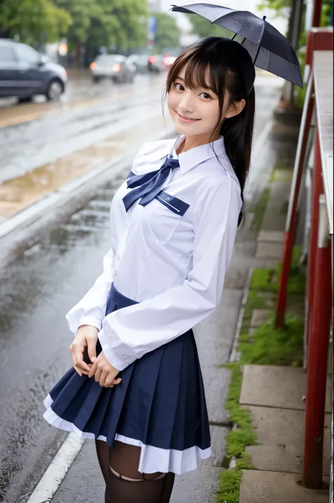 masterpiece、超High resolution、Pouring rain、雨でwhole bodyがずぶ濡れ、She is very cute and young like an idol..々Beautiful 18 year old Japanese girl、Gentle and cute、A kind smile　Her job is a maid　Walking on a sidewalk in a big city during heavy rain　She is wearing a ...