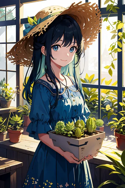 spring，beautiful girl（One girl：1.3），High resolution，Super detailed，Inside the room，succulent plants，Pruning branches and leaves，Blue Dress，Straw hat，noon，smile，smile，and、Focus on the subtle details and atmosphere of the scene。