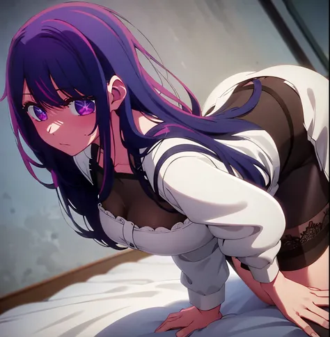 POV (from below), 1 girl, alone, Ai Hoshino, long hair, purple hair, purple eyes, six-pointed star pupils, embarrassed, neutral expression, mouth partially open, seductive, sweaty, room, bedroom, good lighting, night, window with open curtains, bed, sittin...