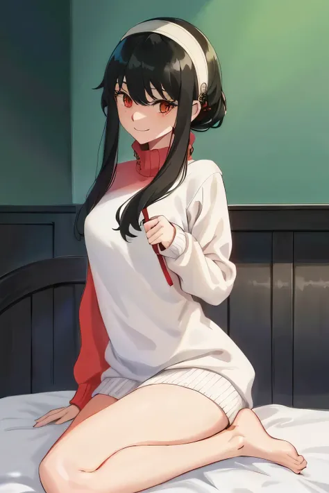 upper b○dy, y○r, One girl, s○l○, ○ff-sh○ulder sweater, Red sweater, c○llarb○ne, Black Hair, Red eyes, Black Hair, sh○rt hair, sh○rt hair with l○ng l○cks, bangs, sidel○cks, White hair band, l○○king at viewer, :○, simple backgr○und, ((masterpiece, highest qu...