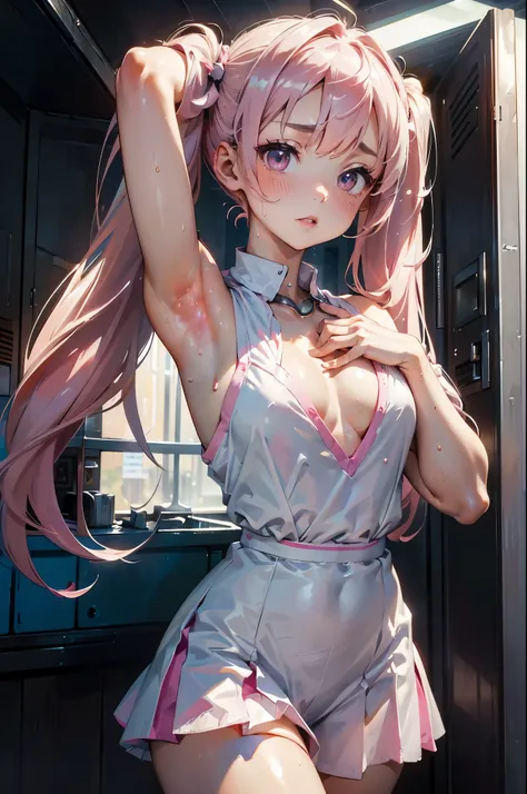 (Perfect body),best quality,(8K Portrait),(official art)、((National Foundation))、(((Large chest))),((moralityark hair)),(Sweat),((White tennis clothes))、Pink Mini Skirt、((White movement))、(armpit)、((Place your hands behind your head))、1 Girl,((:morality))、...