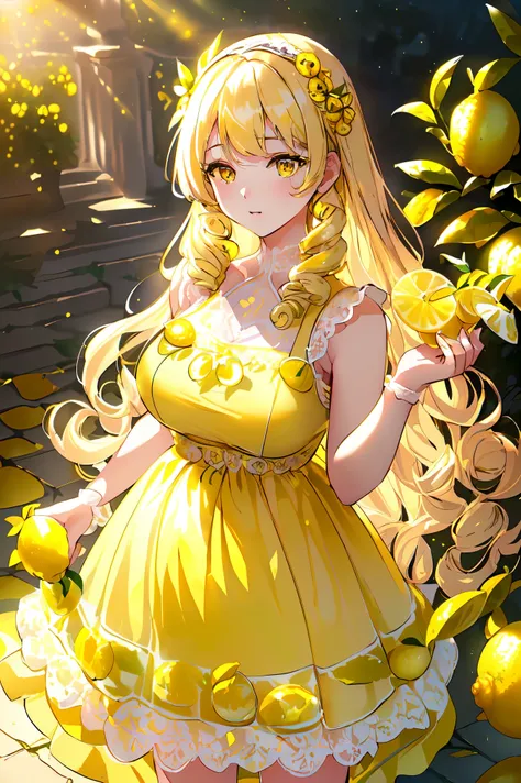 masterpiece、high resolution、high quality、Delicate、sunlight、16k、1 female,(blonde:1.2),(long hair with curls,:1.2),(With bangs),(Yellow Eyes:1.2),(Eye size:1.5),(Lemon motif dress:1.3),(A dress with lots of lace:1.35),(Lemon garnish:1.6),(🍋🍋🍋🍋:1.5),(Shining ...