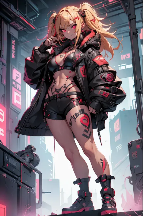 One girl, Rebecca (cyber punk), ((full body:1.3)),One Woman, Blonde braids, glowing Red eyes,laugh fearlessly, Leg Tattoos, neck tattoo,  Large Breasts, Black bra, String, Red pupils, Leather Fang, Red eyes, Black jacket, Dynamic Pose,Dynamic Angle,cyber p...