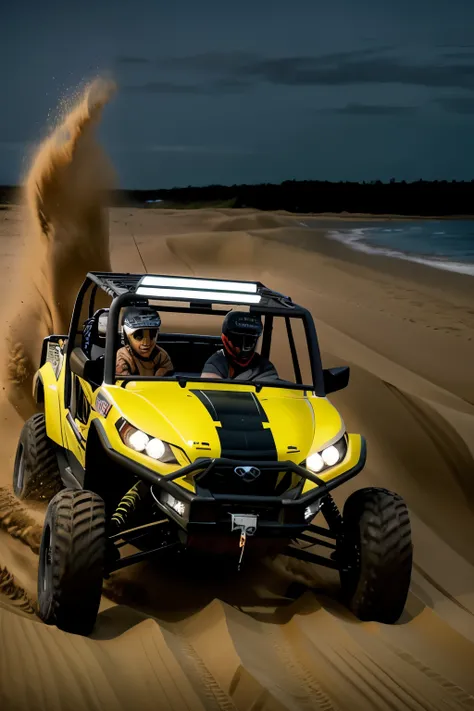 ((best quality)), ((masterpiece)), (detailed), realistic, a close up of a person driving a black utv in the beach with water in background at night, buggy, dune, mixed art, racing dune buggy with light bar on roof lit up, photos, sand, dynamic angled shot,...