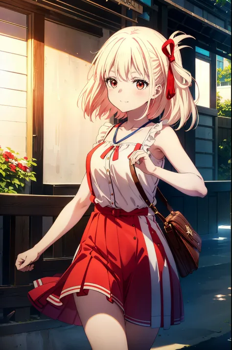 chisatonishikigi, Chisato Nishikigi, Long Hair, bangs, blonde, (Red eyes:1.5), Hair Ribbon, One side up,happy smile, smile, Open your mouth,smile,blush,red long skirt dress,No sleeve,Bare arms,Rocket Pendant,Cute Sandals,White Hat,real summer,sunny,It&#39;...