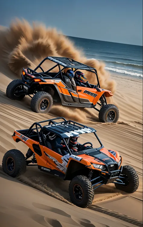 ((best quality)), ((masterpiece)), (detailed), ultra realistic action photography, a close up of a person driving a black utv in the beach with water in background at night, buggy, MAVERICK X3 X RC TURBO RR 72, dune, mixed art, racing dune buggy with light...