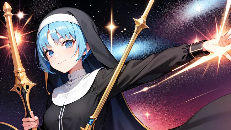 masterpiece, nun, innocent, detailed face, smile, cute, topaz blue hair: 1.2, weapon, blue spear, background art, blue effect