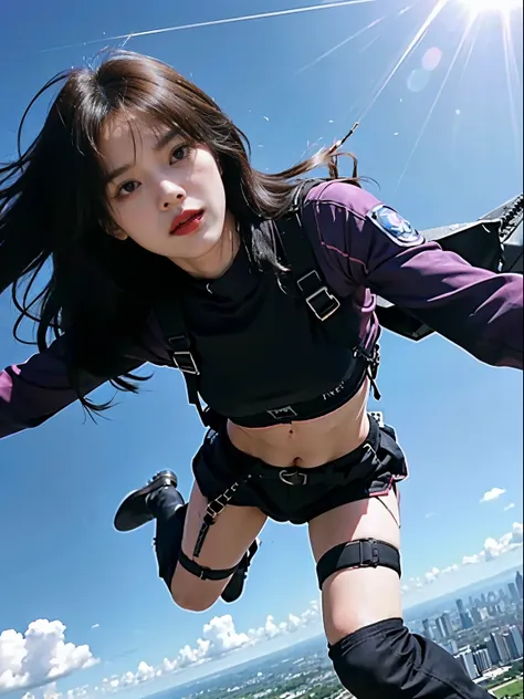 jump skydiving on plane scene, black pink lisa parachuting with long hair flying in a mess, black police uniform, harness, flowi...