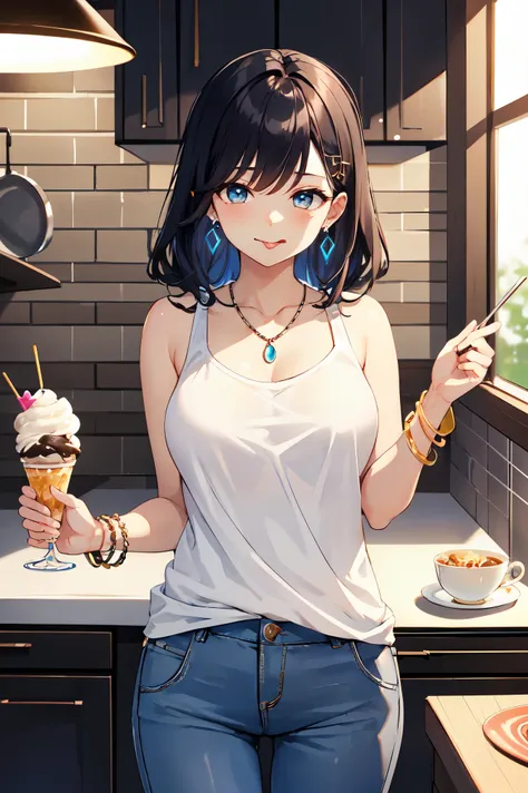 highest quality,masterpiece, High resolution, Beautiful fine details,Very detailed, Mejiro Ardan (umamusume), earrings,summer, kitchen, pants, White tank top, Blue zipper, Open chest, bracelet, jewelry, casual, necklace, Have a teacup, vapor,squint,Beautif...