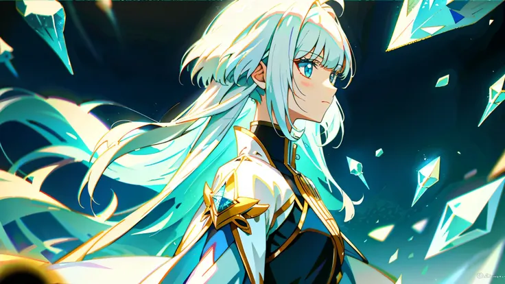 white hair, crystal hair, anime style