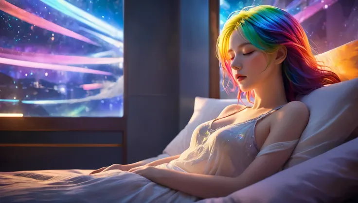 {{masterpiece}}, best quality, Extremely detailed CG unified 8k wallpaper, Movie Lighting,Futurism， A woman sleeping in bed，Sleep with eyes closed，Huge window behind， A quiet night. , Multi-colored hair, (Colorful hair:1.5),