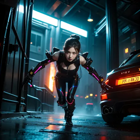 (highest quality、4K、8k、High resolution、masterpiece: 1.2)、Very detailed、(Genuine、photoGenuineistic、photoGenuineistic: 1.37)、SF、Beautiful young woman、Bounty Hunter、Cybernetic Weapons、Cyberspace、High-tech City、Shining neon lights、((Futuristic Fashion))、((Fits...