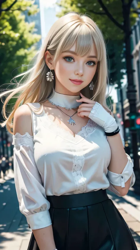 low angle,from below,((masterpiece, highest resolution,best quality)), (beautiful illustration), ((1girl,cute,young,semi long beautiful siver blonde hair,blunt bangs,beautiful eyes)),(solo),(beautiful elegant office blouse and black skirt),(looking at the ...