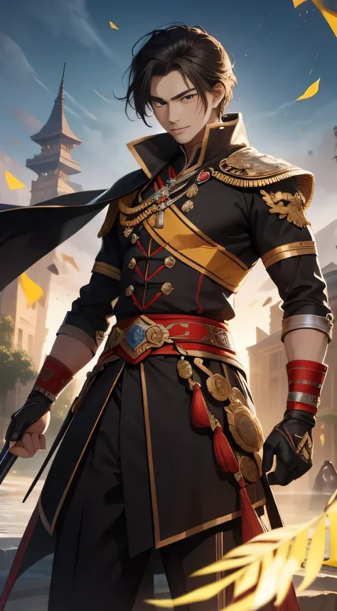 General Liangshan Wuhu，Handsome man，Double Whip Whip Scorched，Graceful features，Three-dimensional facial features，Perfect Face，Wearing a tall iron head，Wearing a golden Luojin scarf，Wearing Seven Star Nail Saw Probe，Wearing expensive precision forged black...