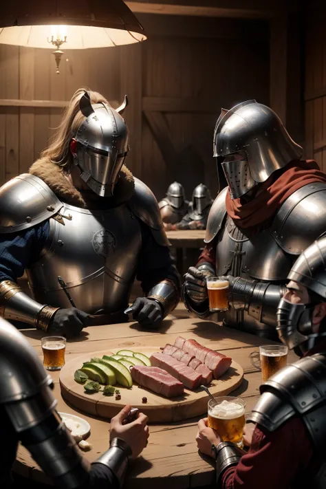 Realistic wide shot in Ultra HD format，Knights in battle mask, wrinkles ,Facial expressions show strong emotions Knights of the Round Table with beer and meat, vodka, 6 of them 