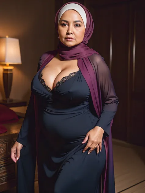 (Realistic) ((Hijab)) (real mature face) 68 Years old fat Brunei mature woman, sexy curvy, (sexy chubby body shape), Big  : 34.9, Gamis, (Breast about To burst out from her clothes, wide cleavage), professional photography with excellent lighting