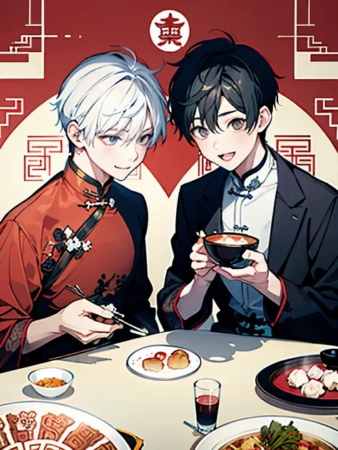 ((Two Boys)),Kaminarimon pattern background,(Chinese cuisine),(During meals),smile,looks fun,